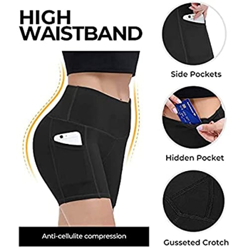 Aoliks 사이드 포켓이있는 여성용 하이 웨이스트 바이커 반바지 Tummy Control 러닝 운동 스판덱스 요가 반바지
