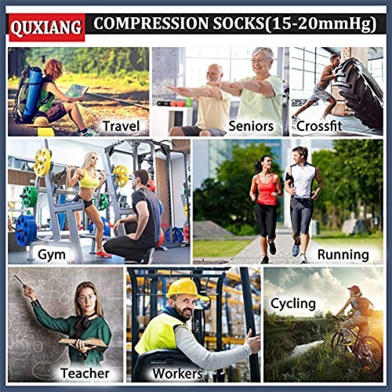 QUXIANG 구리 압축 양말 여성 및 남성 순환용(8쌍) - 운동 사이클링 달리기에 가장 적합 - 15-20mmHg