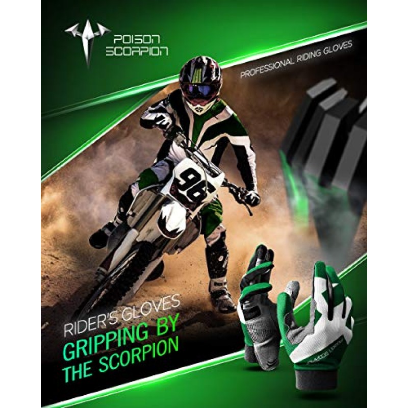 POISON SCORPION 먼지 자전거 장갑 오토바이 장갑 남성용 여성용 야외 스포츠 풀 핑거 그린 M 피트 Motocross MX BMX MTB ATV UTV 산악 자전거 사이클링 자전거 타기