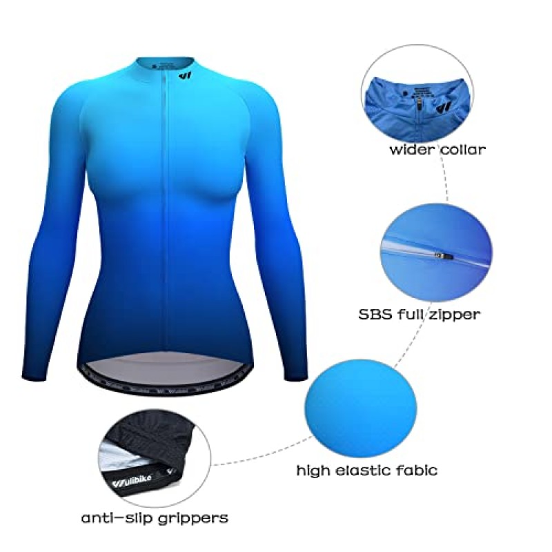 Wulibike 사이클링 저지 여성 긴 소매, 주머니가 있는 여성용 자전거 자전거 자전거 셔츠