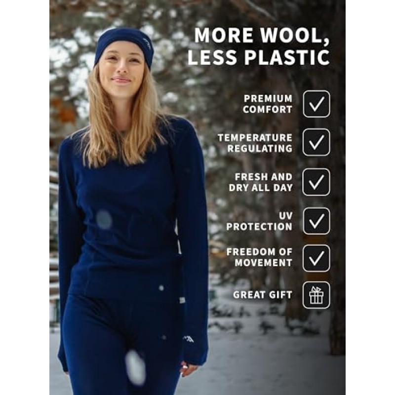 Merino.tech 메리노 울 베이스 레이어 여성 100% 메리노 울 경량, 중급 긴 소매 보온 셔츠 + 울 양말