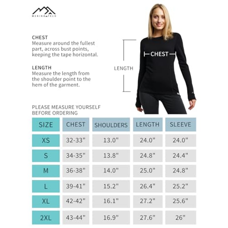 Merino.tech 메리노 울 베이스 레이어 여성 100% 메리노 울 경량, 중급 긴 소매 보온 셔츠 + 울 양말