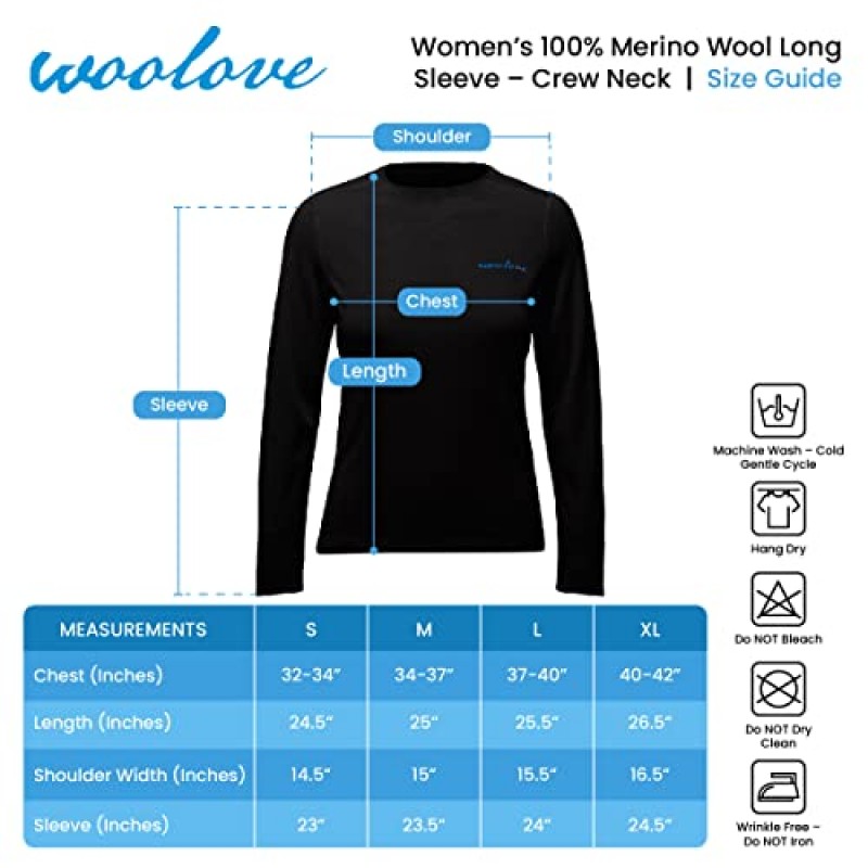 Woollove 100% 메리노 울 베이스 레이어 - 여성용 긴 소매 크루넥 셔츠 - 중간 무게, 냄새 방지, 추운 날씨 보온