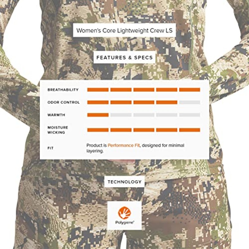 SITKA Gear 여성용 헌팅 코어 경량 카모 크루 긴소매 셔츠