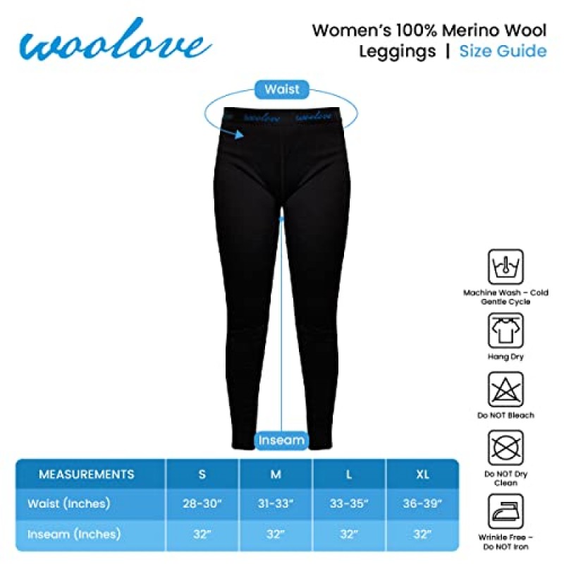 Woollove 여성용 100% 메리노 울 베이스 레이어 롱 언더웨어 보온 레깅스 - 보통 무게, 수분 흡수, 추운 날씨