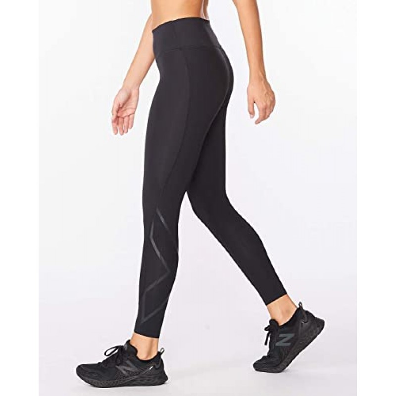 2XU 트레이닝 및 피트니스용 플랫 와이드 허리밴드가 있는 여성용 포스 미드라이즈 압축 스타킹, 블랙/네로, 미디엄