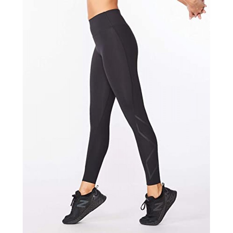 2XU 트레이닝 및 피트니스용 플랫 와이드 허리밴드가 있는 여성용 포스 미드라이즈 압축 스타킹, 블랙/네로, 미디엄