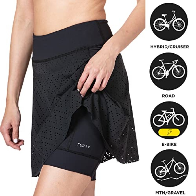 Terry Rebel Bike Skort, 패딩 처리된 압축 반바지가 부착된 여성용 천공 퍼포먼스 스커트
