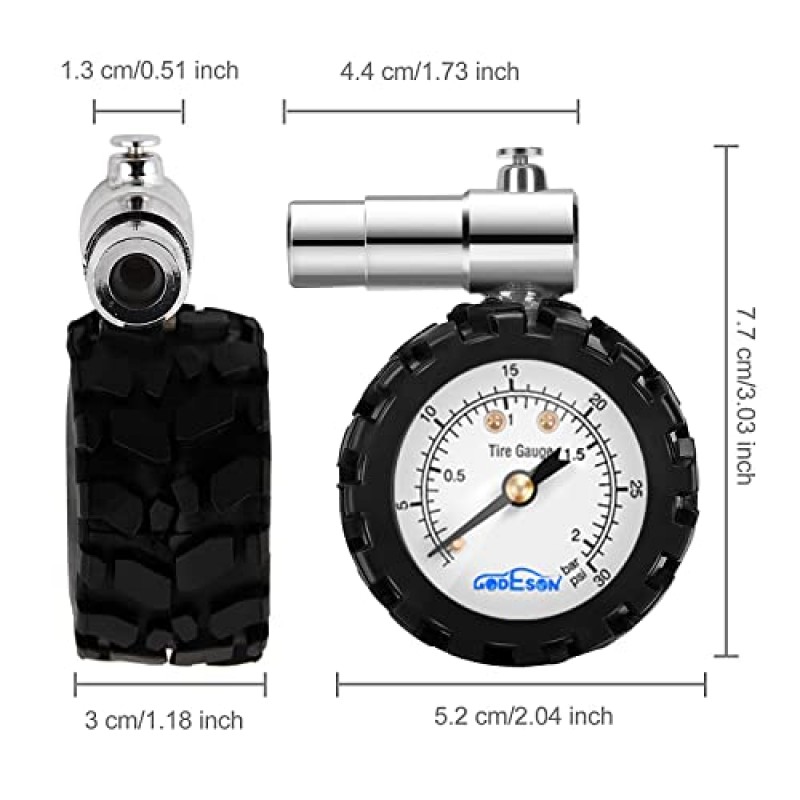 GODESON Presta 밸브 게이지, 자전거 공기압 릴리프 범위가있는 Presta 밸브 타이어 압력 게이지, 0-30PSI /0-2BAR, 산악 자전거 지방 타이어에 적합