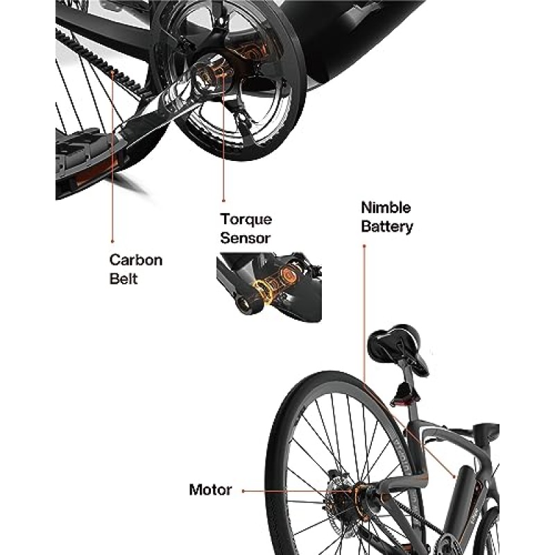 URTOPIA 전기 자전거, 풀 카본 프레임, 33lbs,20/mph, 2.5H 고속 충전, 62마일 범위, 27.5' 타이어, 탈착식 36V 배터리, GPS 내비게이션, 음성 제어, 지문 잠금 해제, LED 디스플레이