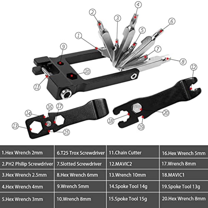 Kigauru 다기능 자전거 도구 키트 20 in 1 자전거 수리 키트 금속 자전거 Multitool 휴대용 접이식 체인 수리 키트 포켓 자전거 다기능 도구 세트