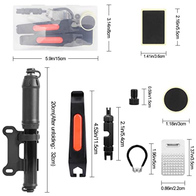 자전거용 Oumers 자전거 펑크 수리 키트(타이어 레버, 펑크 수리 패치, 금속 껍질, 밸브 렌치, 스포크 렌치, 자전거 펌프) 자전거 펑크 수리 키트