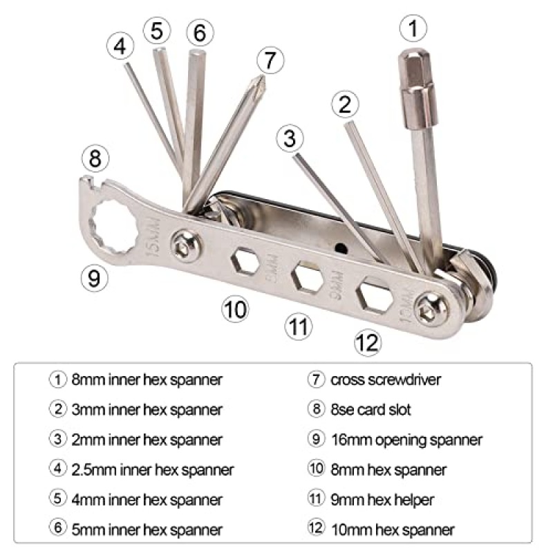 LAIONTY 12 in 1 다기능 자전거 수리 도구 스테인레스 스틸 멀티 도구 자전거 수리 도구 접이식 사이클링 유지 보수 세트
