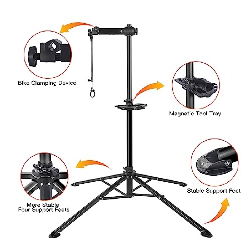 UNISKY 경량 자전거 수리 스탠드 안정적인 접이식 알루미늄 합금 자전거 유지 보수 스탠드, 높이 조절 가능한 자전거 수리 역학 자전거 스탠드 (검은색)