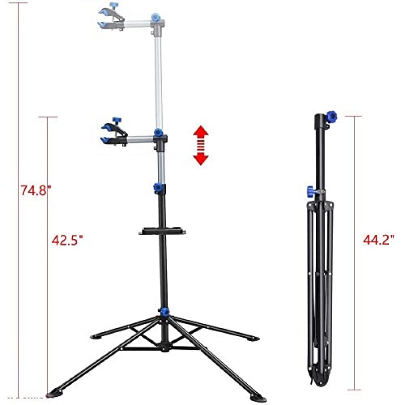 Yaheetech Pro Mechanic 자전거 수리 작업장 스탠드 접이식 유지 관리 랙(도구 트레이 포함) 높이 조절 가능 도로 및 산악 자전거용 확장 가능한 자전거 수리 랙