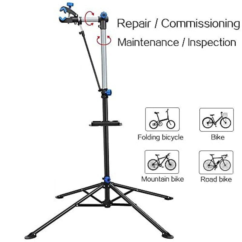 Yaheetech Pro Mechanic 자전거 수리 작업장 스탠드 접이식 유지 관리 랙(도구 트레이 포함) 높이 조절 가능 도로 및 산악 자전거용 확장 가능한 자전거 수리 랙