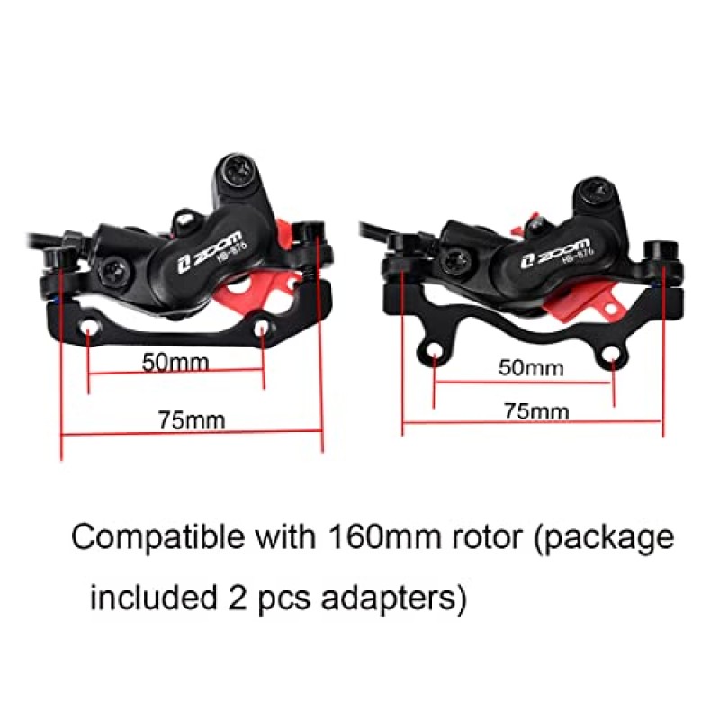 BUCKLOS Zoom MTB 4 피스톤 유압 디스크 브레이크 세트, 왼쪽 앞 800mm 오른쪽 뒤 1400mm 산악 자전거 유압 브레이크 캘리퍼 is/PM 어댑터가 포함된 알루미늄 합금 레버(Pre-Bled)