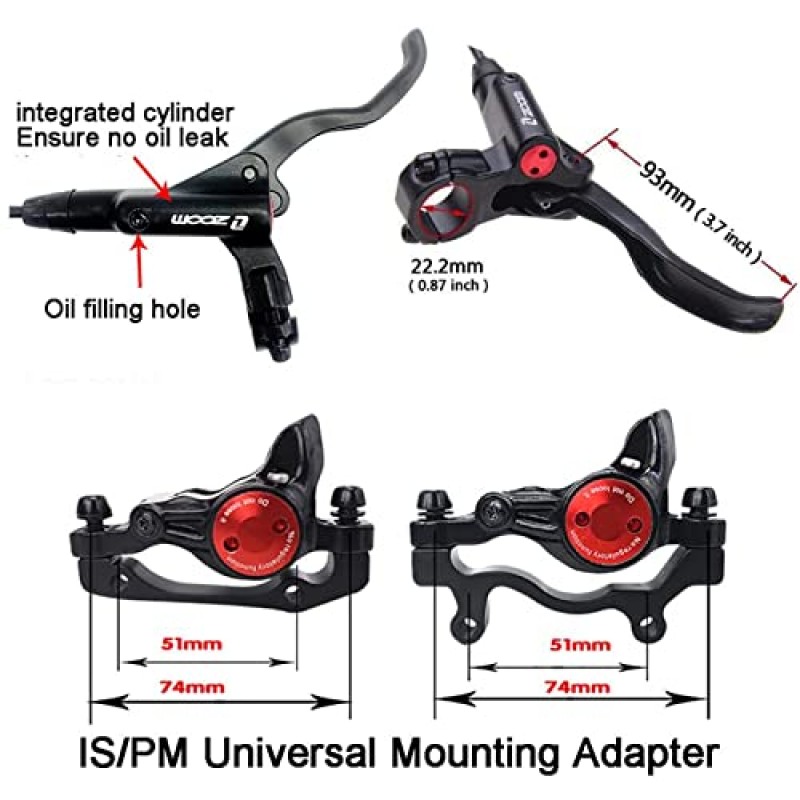 BUCKLOS MTB 유압 디스크 브레이크, 산악 자전거 왼쪽 앞 800mm 오른쪽 뒤 1450mm 유압 브레이크 세트 캘리퍼가 있는 알루미늄 합금 레버 PM/is 어댑터 Fit EBike/Fat Bike