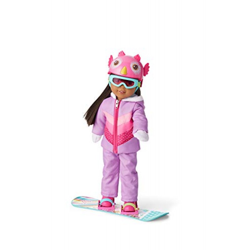 American Girl WellieWishers 14.5인치 인형용 Frosty Fun 스노우보드 세트, 다채로운 혼합 프린트 스노우보드, 이동식 스트랩, 핑크 올빼미 얼굴 헬멧, 핑크 고글, 4세 이상