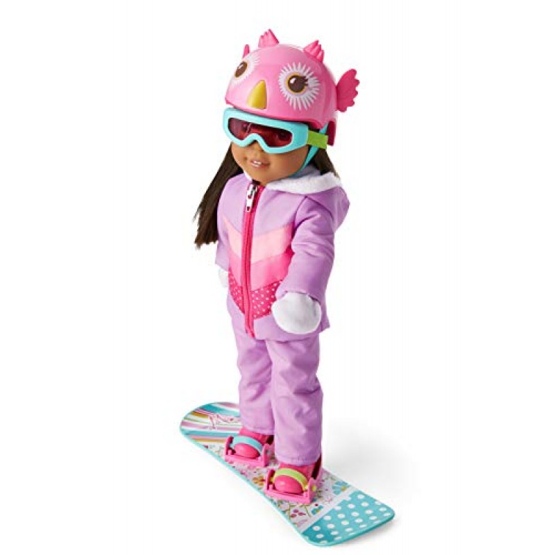 American Girl WellieWishers 14.5인치 인형용 Frosty Fun 스노우보드 세트, 다채로운 혼합 프린트 스노우보드, 이동식 스트랩, 핑크 올빼미 얼굴 헬멧, 핑크 고글, 4세 이상