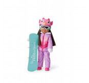 American Girl WellieWishers 14.5인치 인형용 Frosty Fun 스노우보드 세트, 다채로운 혼합 프린트 스노우보드, 이동식 스트랩, 핑크 올빼미 얼굴 헬멧, 핑크 고글, 4세 이상
