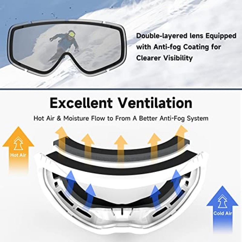 findway 스키 고글 OTG - 안경 위 스노우 보드 고글 남성 여성 성인용 안개 방지 100% 자외선 차단 와이드 뷰