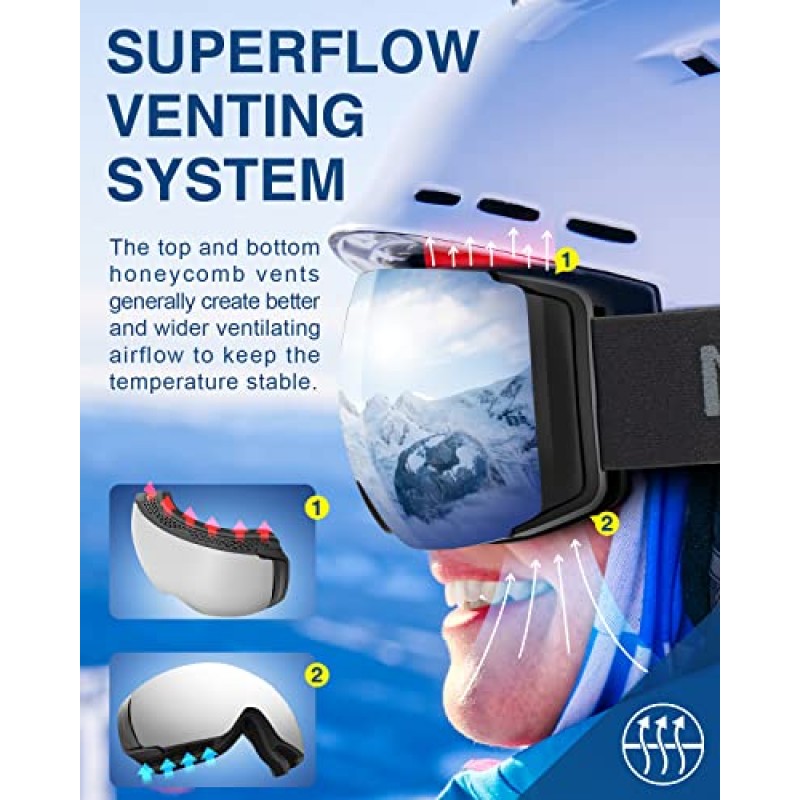 MioTsukus 스키 고글 자기 렌즈 및 클립 잠금 시스템, OTG, 교환 가능 렌즈, 남성 여성용 안개 방지 눈 고글