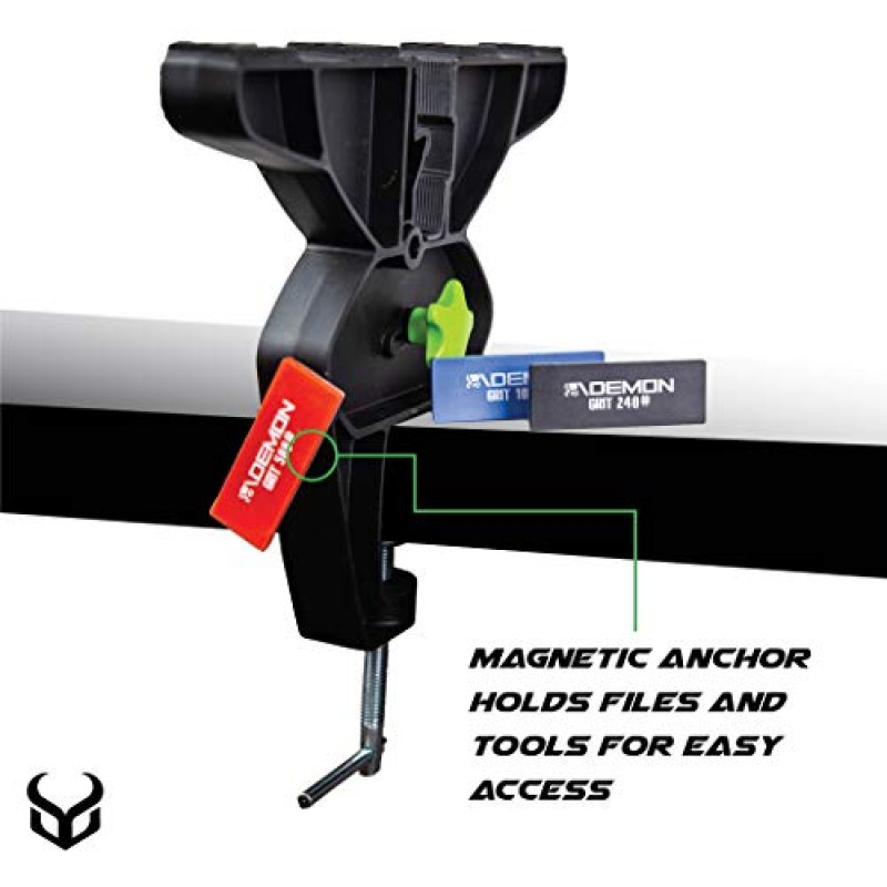 튜닝, 수리 및 왁싱을 위한 데몬 스키 및 스노보드 울트라 바이스, 수평 및 수직 작업 위치가 있는 미끄럼 방지 바이스 그립, 자석 도구 홀더 및 보안 보드 그립 센터 암(쌍)