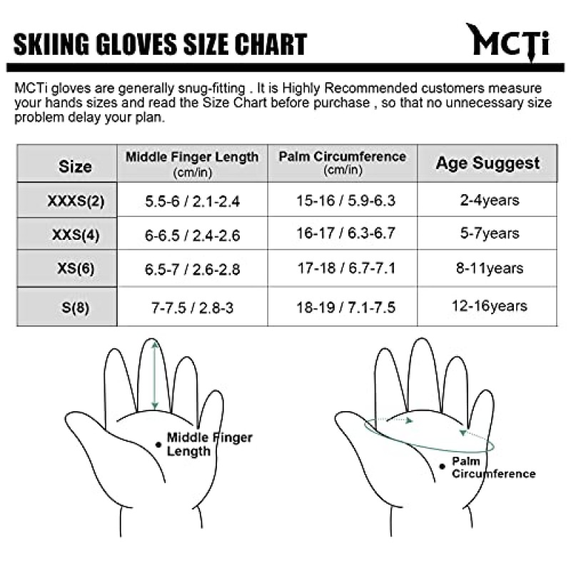 MCTi 키즈 벙어리 장갑 방수 겨울 스키 따뜻한 셰르파 안감 긴 커프 끈 포함