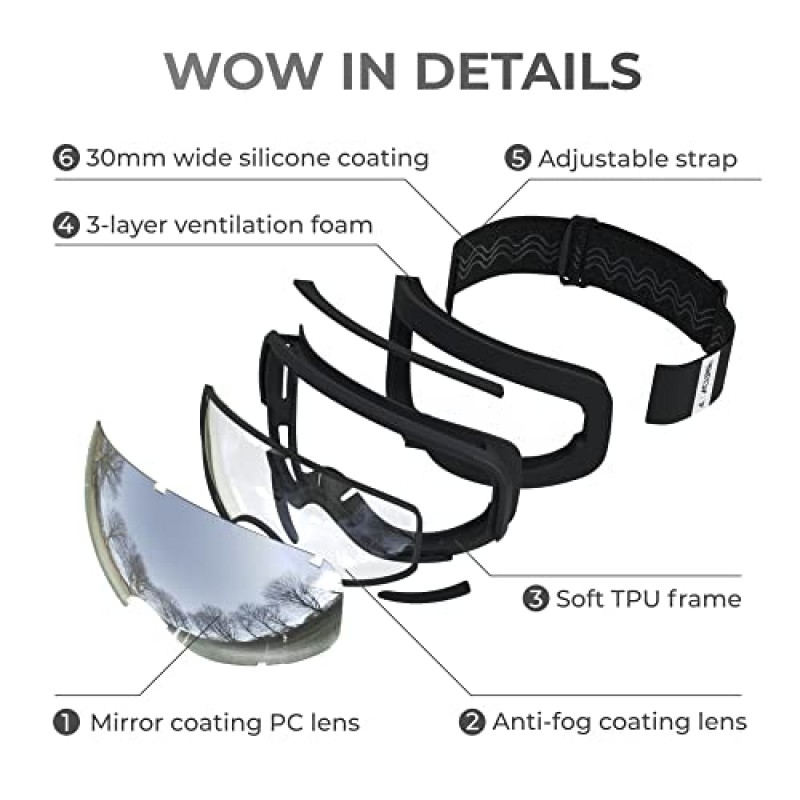 남성 여성을 위한 ACURE 스키 고글, 스노우 스노우보드 고글 성인 청소년, OTG - 안개 방지 UV400 보호 기능이 있는 안경 위에