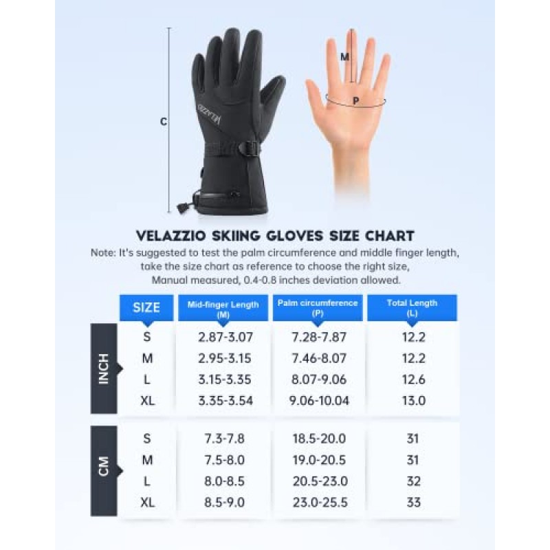 스키 장갑 - VELAZZIO 방수 통기성 스노우보드 장갑, 3M Thinsulate 절연 따뜻한 겨울 눈 장갑, 남성과 여성 모두에게 적합