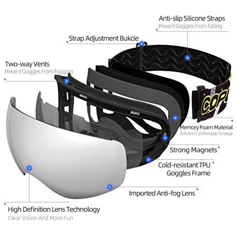 COPOZZ 스키 고글 어린이 자기 렌즈, 청소년 스노우 보드 스노우 고글 소년 소녀 연령 2-12,OTG UV400 헬멧 호환