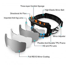 엑스트라 마일 스키 고글, 다중 반사 접합 렌즈 김서림 방지 및 UV400 보호 스노우보드 스노모빌 고글