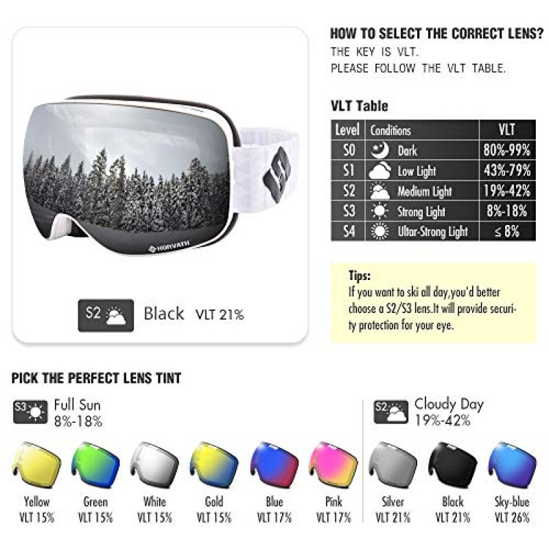 SH HORVATH 스키 스노보드 고글 자기 미러 렌즈 120년대 성인용 안개 방지