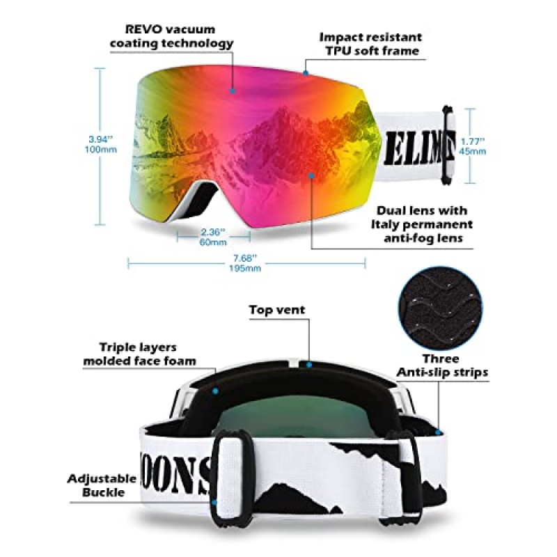 Elimoons 스키 고글, 교환식 렌즈 스노우보드 고글, 남성, 여성, 성인, 청소년을 위한 안개 방지 UV 보호 스노우 고글
