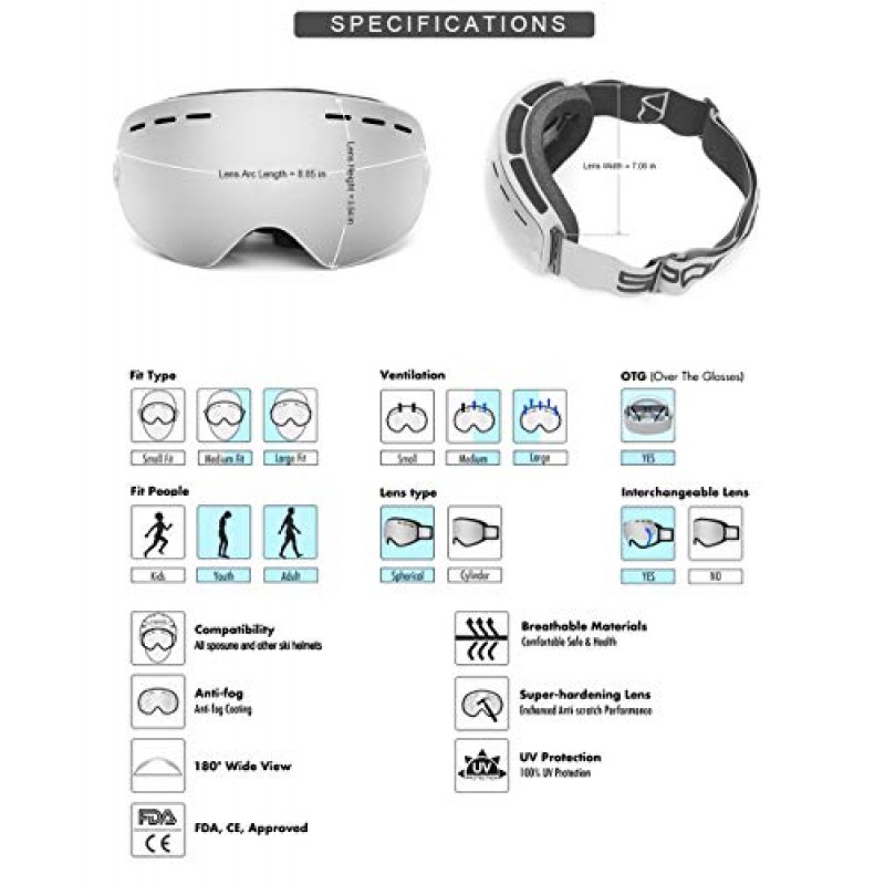 안경 위에 SPOSUNE 스키 고글 - 남성, 여성, 청소년용 스노우/스노보드 고글 - UV400 김서림 방지 스노모빌 고글