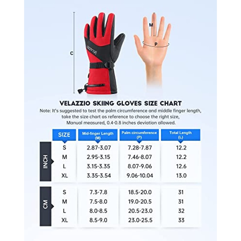 스키 장갑 - VELAZZIO 방수 통기성 스노우보드 장갑, 3M Thinsulate 절연 따뜻한 겨울 눈 장갑, 남성과 여성 모두에게 적합