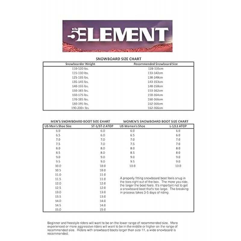 5th Element ST-1 남성용 레이스업 스노우보드 부츠 - 블랙 방수 라이너가 있는 스트랩 스노우보드 바인딩과 호환 가능 - 올 마운틴 스노우보드 남성용 사이즈