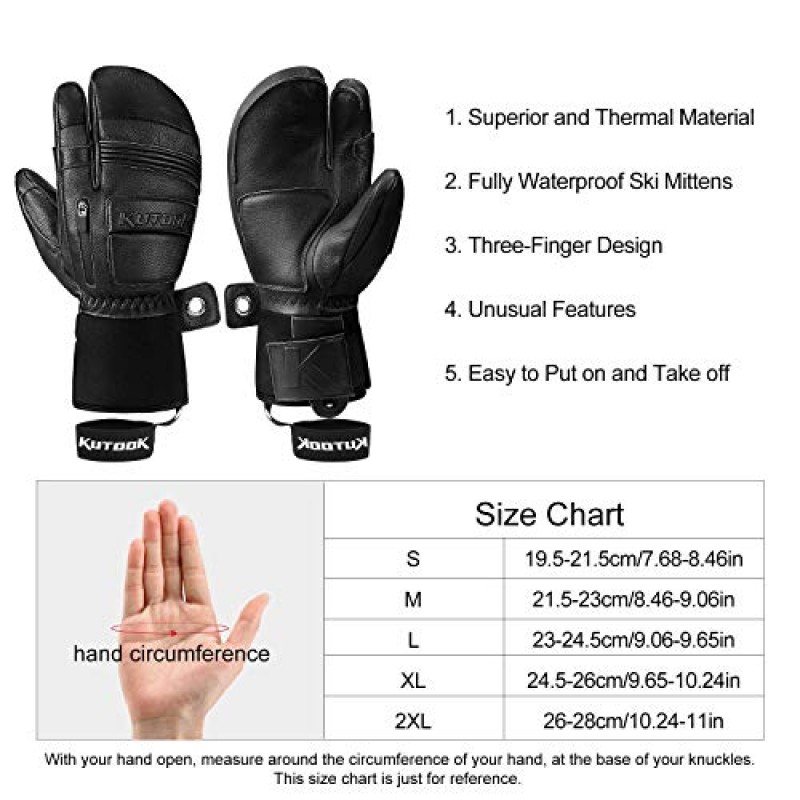 KUTOOK 겨울 3 손가락 스키 장갑 염소 가죽 열 3M Thinsulate 방수 스노우 보드 장갑 남성 여성을위한 포켓