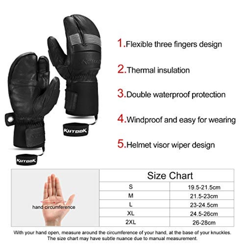 KUTOOK 스키 장갑 세 손가락 열 3M Thinsulate 방수 스노우 보드 장갑 추운 날씨 스노 모빌을위한 겨울