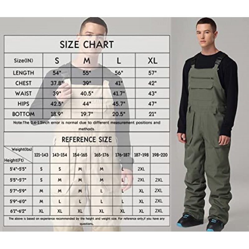 SEARIPE 남성용 스노우 턱받이 스키 바지, 겨울 방수 작업복 조정 가능한 야외 립스톱 스노우보드 바지