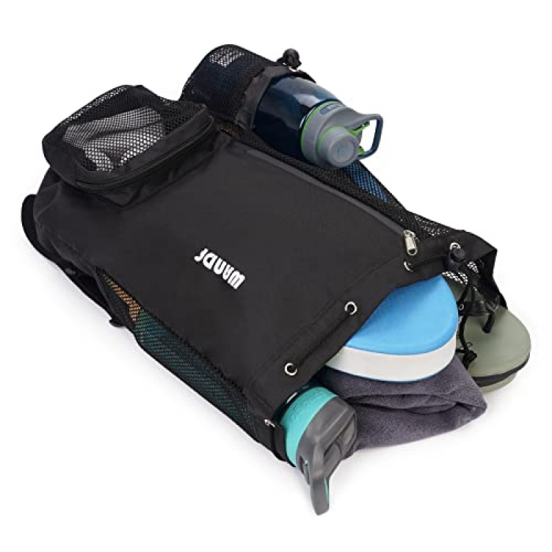 WANDF 수영 가방 수영, 체육관 및 운동 장비용 습식 포켓 비치 백팩이 있는 메쉬 조임끈 백팩(검은색)