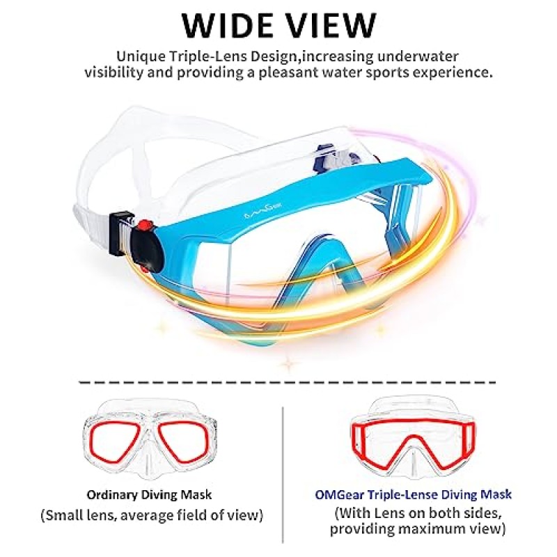 OMGear 수영 고글 스노클 마스크 다이브 마스크 안개 방지 삼중 렌즈 고글 수영 성인용 성인 스노클링 장비 코 커버가 있는 청소년 풀 고글 스쿠버 다이빙 스피어 낚시용 네오프렌 마스크 스트랩
