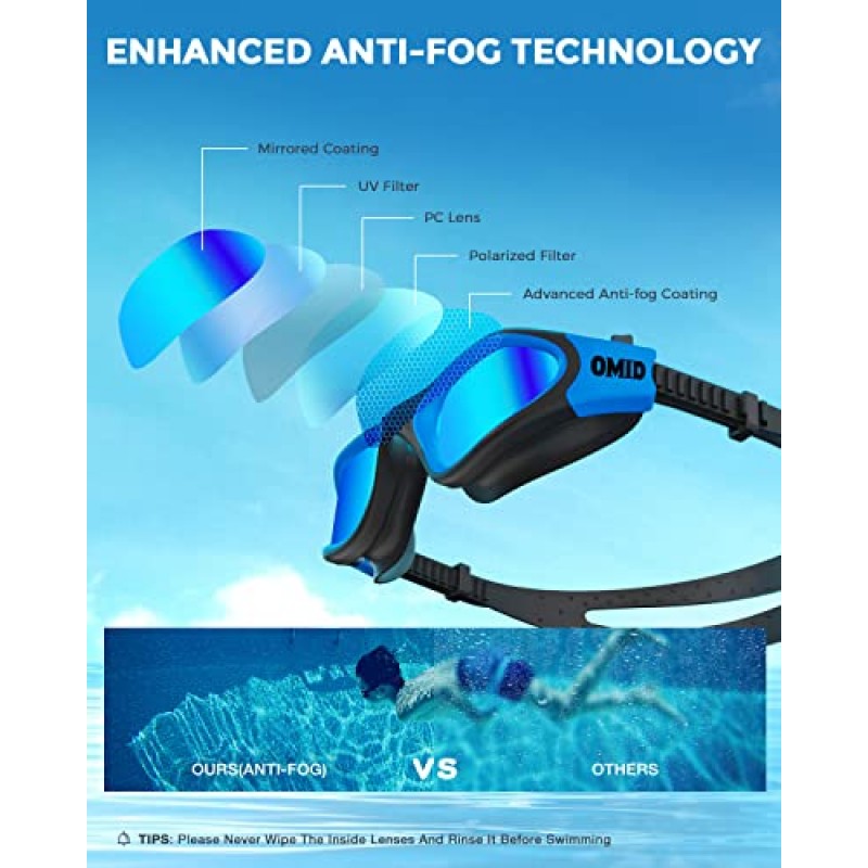 OMID 어린이 수영 고글, 편안한 편광 안개 방지 수영 고글(6-14세)