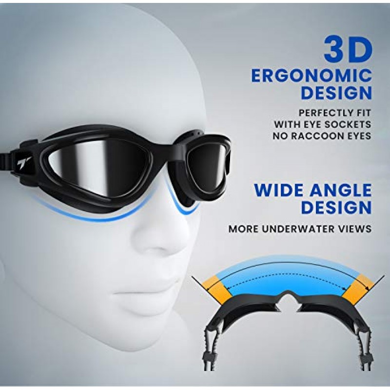 TOBA 수영 고글, 편광 안개 방지 렌즈 UV 보호 누출 방지 수영 고글(남성, 여성, 성인용)