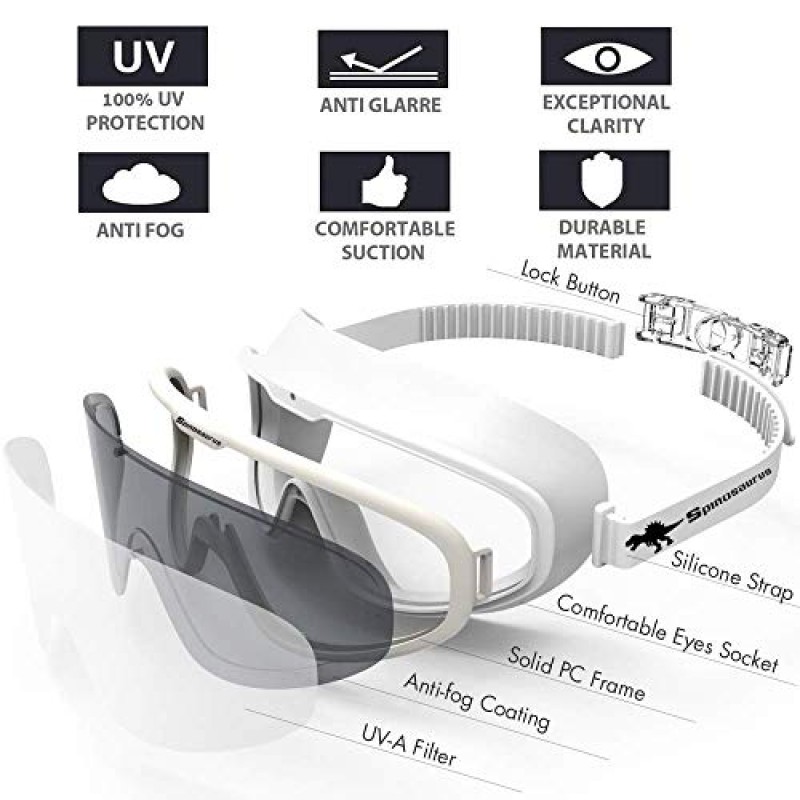 Spinosaurus 수영 고글, 수영 고글-성인을위한 유행 안티 UV 안티 안개 와이드 프레임 수영 고글