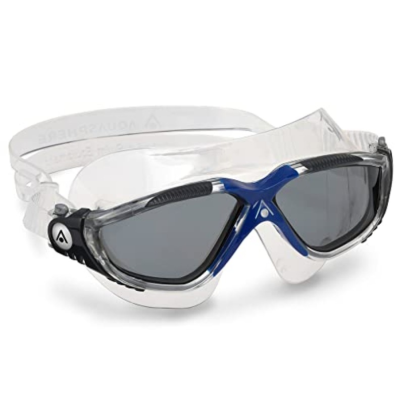 Aqua Sphere Vista 성인 남녀공용 수영 고글 - 원터치 맞춤형 핏, 넓은 주변 시야 - 활동적인 야외 수영선수를 위한 내구성 마스크 - 스모크 렌즈, 투명/진한 회색 프레임