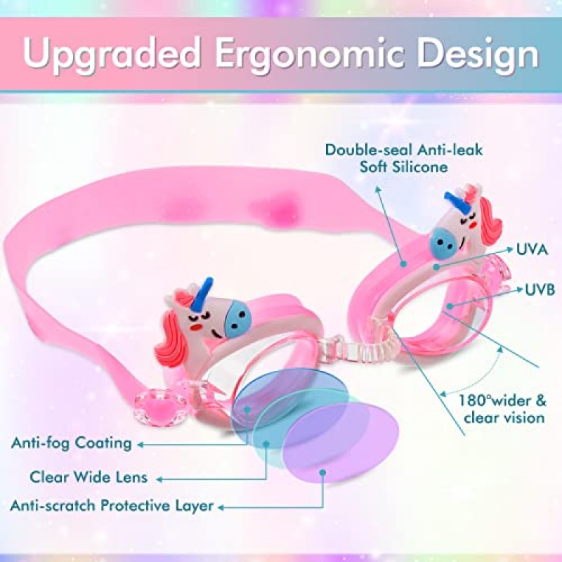 어린이(3-12세)를 위한 수영 고글 및 보관 가방이 있는 어린이 유니콘 수영 모자, 긴 머리와 짧은 머리를 위한 실리콘 방수 수영 및 목욕 모자 귀마개와 코 클립이 있는 여아 남학생