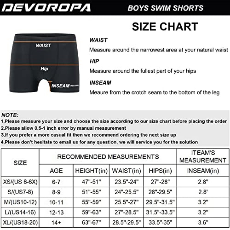 DEVOROPA 청소년 남아 수영 반바지 스퀘어 레그 수영복 나일론 수영 복서 브리프 UPF 50+