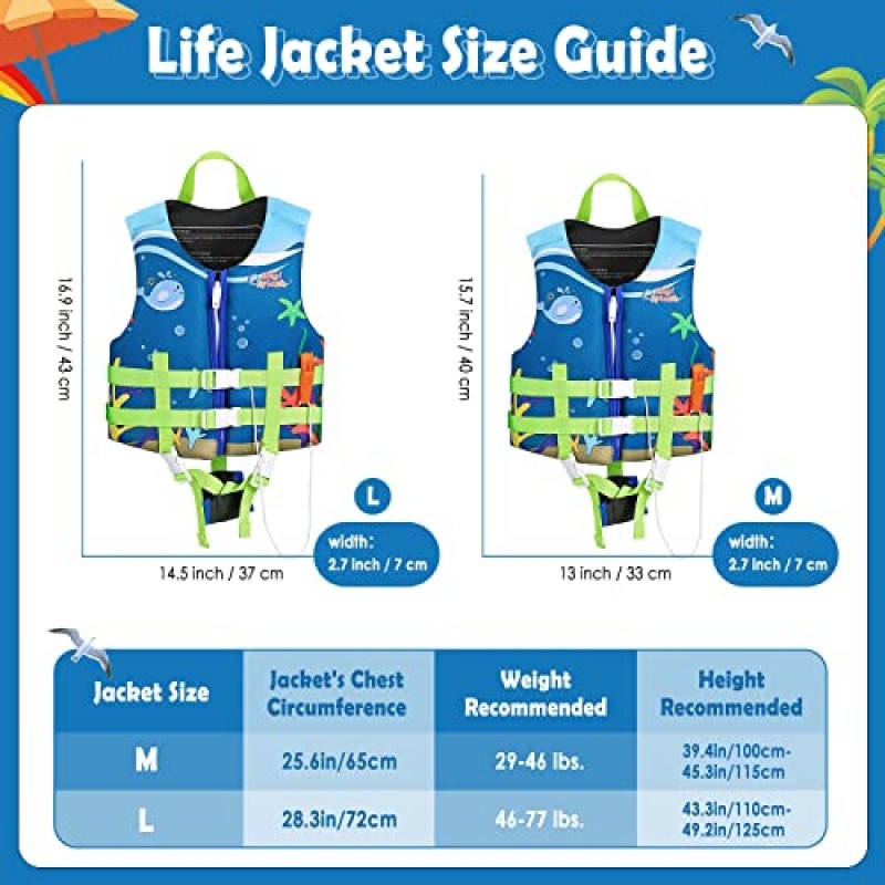 어린이를 위한 HeySplash 수영 조끼, 어린이 사이즈 수상 스포츠 어린이 수영 조끼 부양 장치 생존 휘파람이 있는 유아 플로티 트레이너 조끼, 쉽게 켜고 끌 수 있으며 35-55 lbs(크기 M)/ 55-77 lbs(크기 L)에 적합